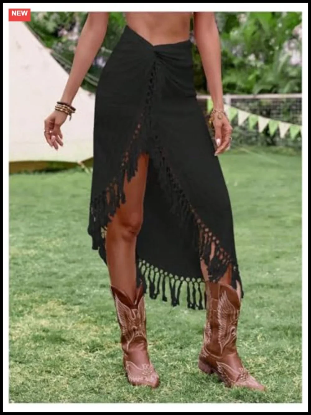 Boho Fringe High Slit Midi Skirt - Tassel Asymmetrical